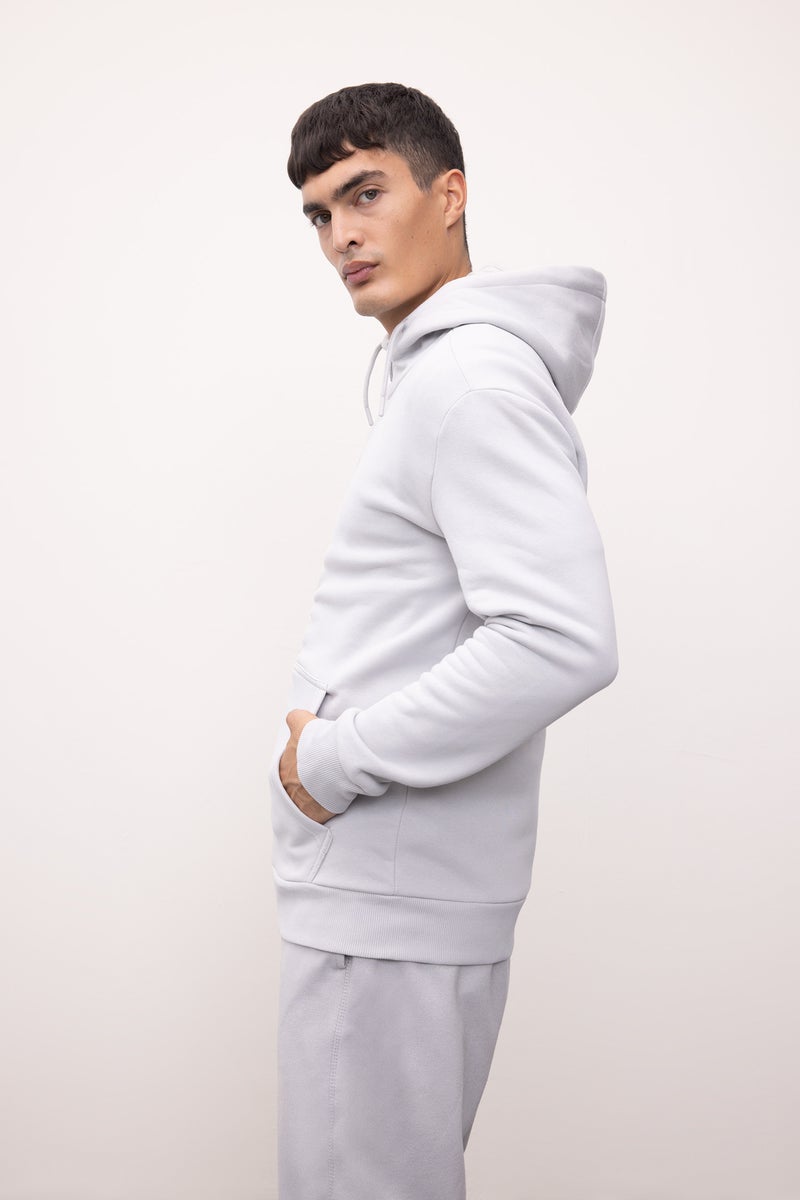 DeFacto Grey Man Regular Fit Hooded Soft Furry Inside Basic Zippered Sweatshirt Casual - Image 4